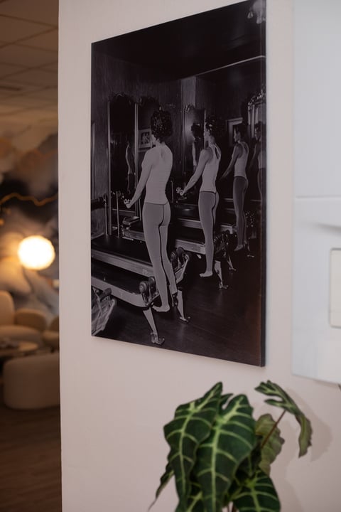 Black and white photograph of women exercising on gym equipment, mounted on white wall above a potted green plant