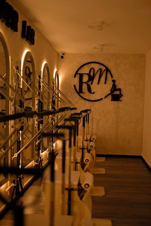 Industrial locker room with neon-lit metal lockers along a wall